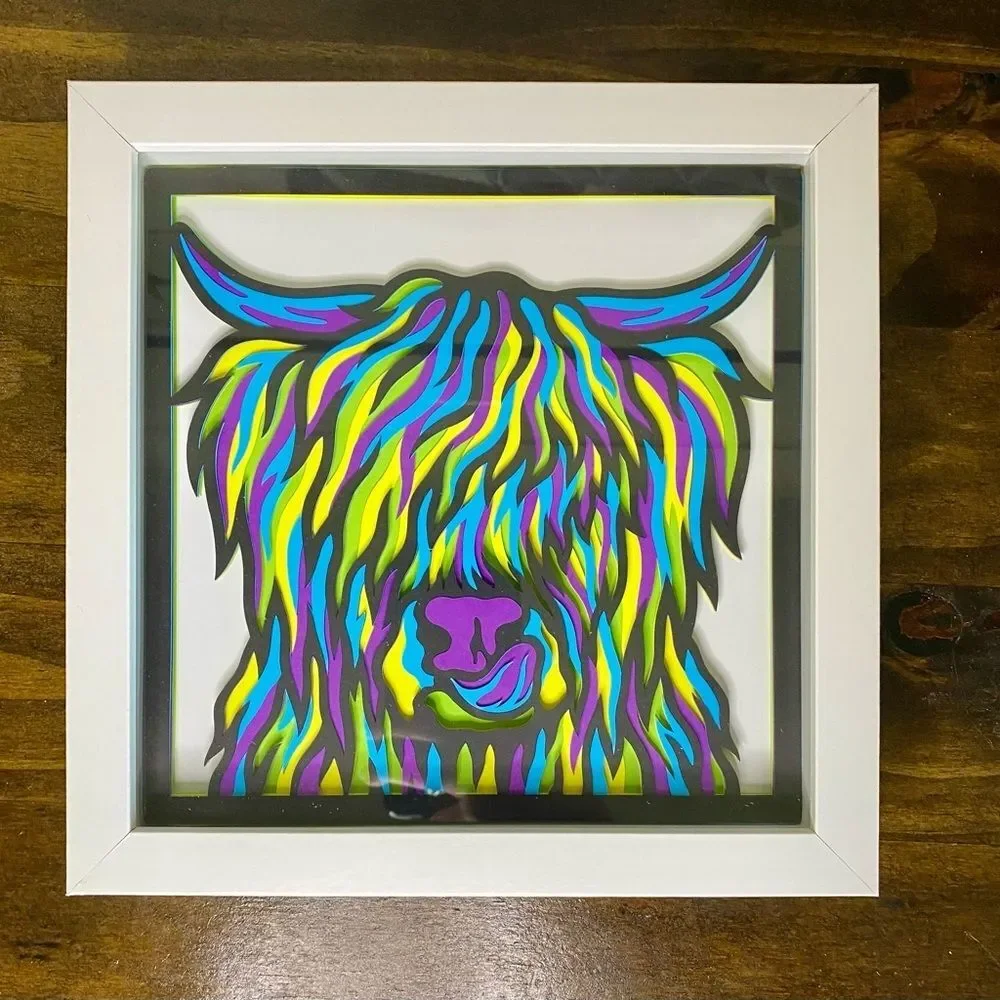 3D Highland Cow Multicolor Shadowbox